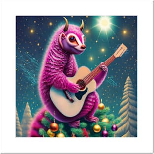 Christmas tree demon Pangolin playing guitar Posters and Art